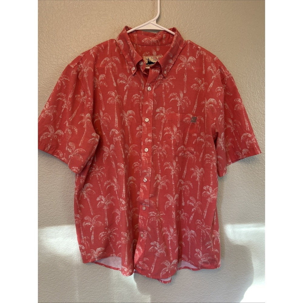 Huk Shirt Mens Size Large Pink Palm Tree Fishing Performance Button Short Sleeve